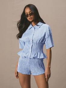 MUSERA Áo kiểu dáng rộng rãi, cổ bẻ, eo nhún, cài cúc, tay ngắn, phong cách dễ thương thập niên 90, Y2K, áo babydoll, thích hợp cho kỳ nghỉ, sân bay, đi học, mùa thu, thanh lịch, mùa xuân hè. - Màu xanh lam - Xem 2