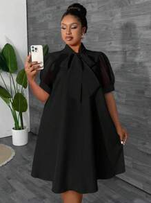 Maweii Plus Size Women Loose Mesh Patchwork Bowknot Vacation Dress, Spring/Summer - Black - View 4