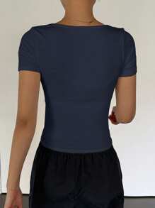 DAZY Áo thun nữ cổ vuông tay ngắn ôm vừa vặn thường ngày, gợi cảm & tinh khiết, áo crop top nữ - Màu xanh hải quân - Xem 4