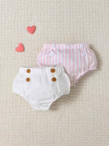 SHEIN 2pcs/Set Infant/Newborn/Toddler Girls' Cozy Button-Decor Striped Shorts Set, Spring/Summer New Arrival, Suitable For Daily Outings, Vacations, And Birthday Party - Multicolor - View 7