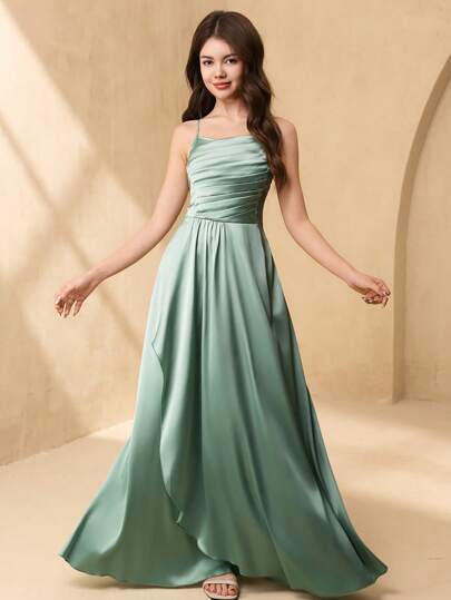 SHEIN Teenage Girls Wedding Bridesmaid Elegant Satin Ribbon Bow V-Neck Ruffled A-Line Long Dress For Prom, Birthday Party, Performance