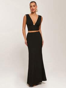 Silquee Spring&Summer Women's Solid Black V-Neck 2 Pieces Set, Vacation 2 Pieces Set, High Stretch Fitted 2 Pieces Set, Super Long Skirt 2 Pieces Set, Date Night Skirt 2 Pieces Set, Elegant Maxi Dress 2 Pieces Set, Sexy V-Neck Top,Business Casual Set,Graduation Outfit,Prom Outfits For Woman - Black - View 7