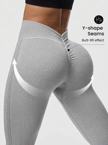 Seamluxe SHEIN Sport 1 pezzo Leggings sportivi, design con motivo a orecchie di miglio ai lati + design in vita a V, colore grigio, lunghezza alla caviglia, senza cuciture, vita alta, adatti per yoga e fitness