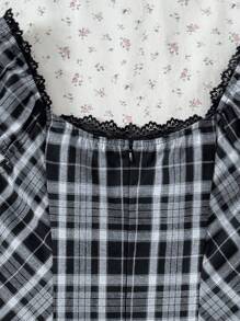 SHEIN Leap Crew TEEN GIRLS Casual Lace Blouse And Plaid Lace Dress Set, Spring/Summer, Teen Girl Dress, Teen Girl Fitted Dress, Teen Girl Clothes 14y, Teen Girls Dress Fluffy, , Teen Girl Dress, Teen Girls Dress Fluffy - Black - View 7