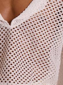 Musero Blusa de cuello en V oversize de ganchillo de manga larga para primavera y verano, ideal para vacaciones y estilo callejero de Pascua
