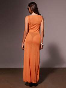 Athîral Women's Sexy Solid Color Sleeveless Sheer Knit Dress, Summer - Orange - View 2