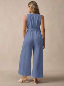 SHEIN Pregnant Women's Solid Color V-Neck Single-Breasted Sleeveless Casual Jumpsuit - Blue - View 2