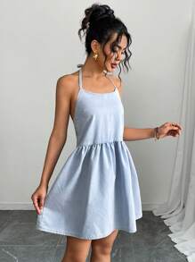 Breezaya 女式夏季休闲露背挂脖迷你牛仔连衣裙 - 藍色 - 查看 3