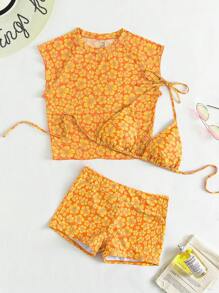 Swim Lushoire Women's Summer Beach Floral Print Halter Tie Bikini 3 Pieces Set With Cover Up Top, Assorted Prints - Multicolor - View 7