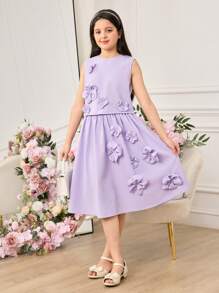 Conjunto de 2 piezas para niña preadolescente, compuesto por un chaleco sin mangas elegante con flores 3D moradas y una falda midi de cintura elástica, para el verano