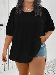 SHEIN CURVE+ 大码女款不同材质拼接上衣，白色T恤 - 黑色 - 查看 6