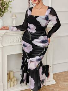 Modelyn Plus Size Women Mesh Floral Printed Ruffle Hem Elegant Dress - Multicolor - View 4
