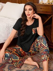SHEIN Retro Minimalist Style Print Loose Women Pajama Set - Multicolor - View 1