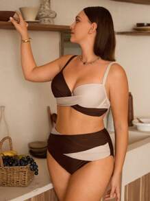 Swim Vcay Conjunto de traje de baño con aros para tallas grandes con bloques de color para vacaciones