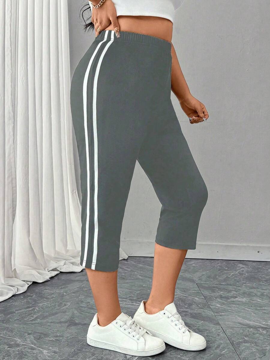 SHEIN LUNE Plus Size Women Striped Casual Skinny Elastic Slim Fit Cropped Sports Leggings, Spring And Summer - Grey - View 1