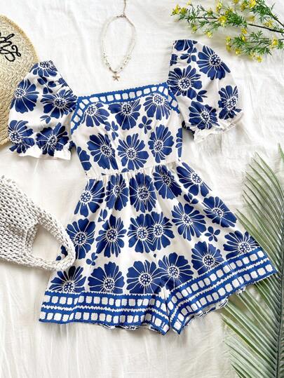 Soleia 新品蓝白度假花卉印花荷叶边灯笼袖连体裤