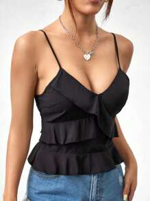 Flirla Blusa Sin Mangas De Mujer Con Dobladillo De Volantes Y Color Sólido
