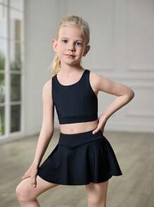 SHEIN Young Girls Fashion Activewear 2 Pieces Set - Sports Bra And Skirt, Black Solid Color, Sleeveless Tank Top, Stretch Knit Fabric, Comfortable And Skin-Friendly, Yoga/Athletic, 4-Way Stretch Girl Performance Dress Young Girls Clothing Two Pieces Ourfit Dance Dress For Girls Girls Dance Wear Girls Dance Dress - Black - View 2