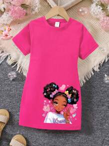 SHEIN 年轻女孩时尚可爱蝴蝶结心形印花短袖T恤连衣裙 - 玫紅色 - 查看 1