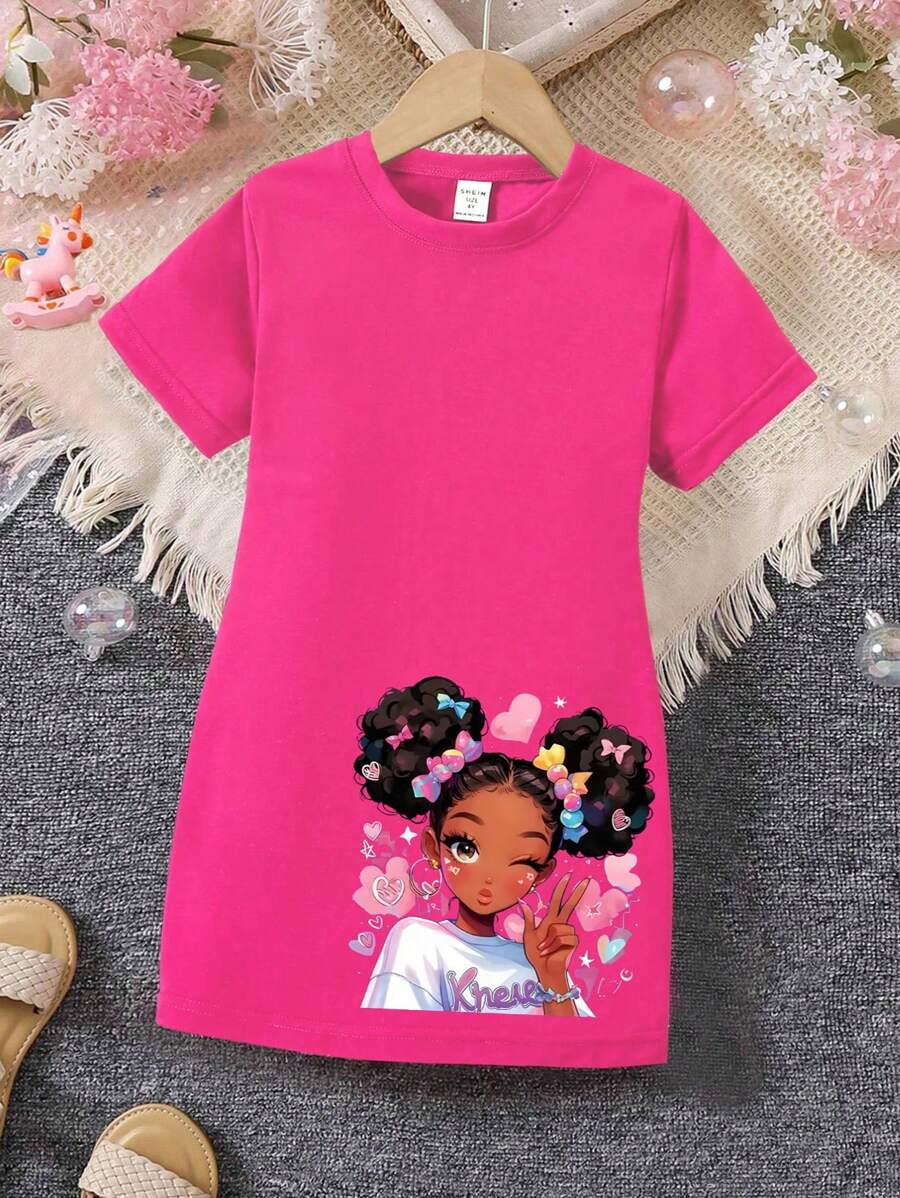 SHEIN 年轻女孩时尚可爱蝴蝶结心形印花短袖T恤连衣裙 - 玫紅色 - 查看 1