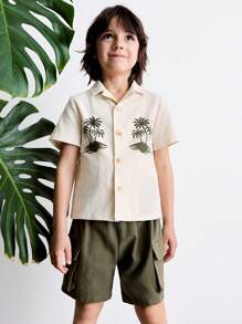 THE HAPPY LOOK Young Boys Summer Beach Coconut Tree Print Shirt And Shorts Set