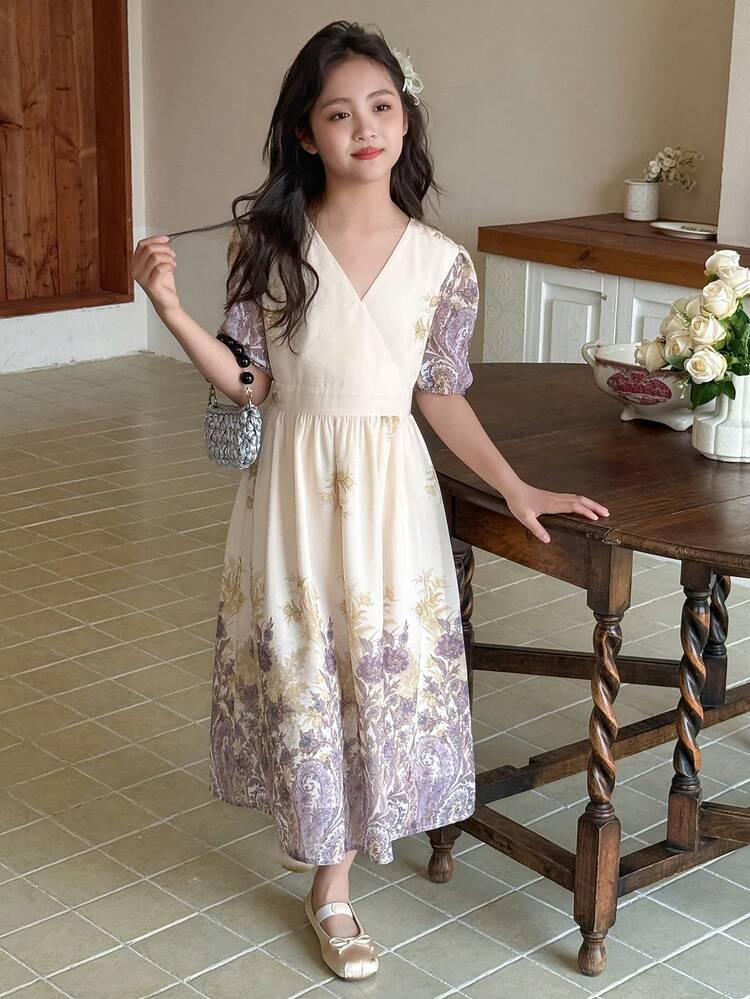 Tween Girl V-Neck Simple & Practical Multifunctional Short Sleeve Dress,Girls Summer Outfits,Back To School Clothes