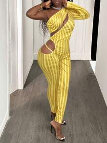 BamGleam 2025 Spring New Stripe Printed Slimming Summer Slimming Jumpsuit - Yellow - View 3