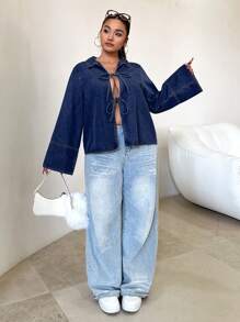 SHEIN ICON 大码牛仔夹克长袖修身蝴蝶结蓝色衬衫女式衬衫秋季女式连衣裙女式衬衫感恩节女式衬衫衬衫上衣女式衬衫衬衫感恩节女式衬衫衬衫圣诞节女式衬衫圣诞衬衫感恩节衬衫蓝色牛仔夹克 - 深色水洗藍 - 查看 3
