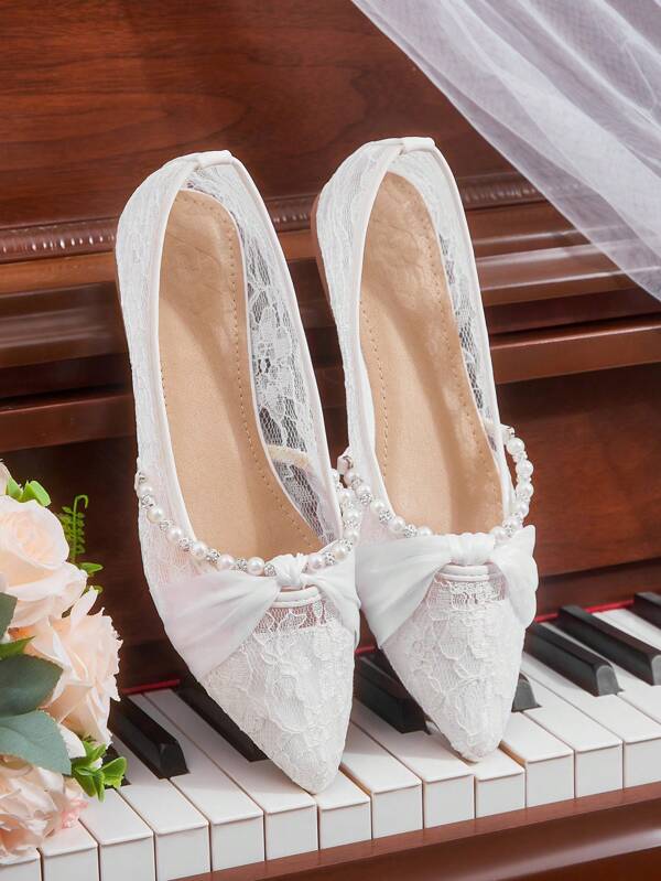 CUCCOO HITCHD Women's Pointed Toe Flat Shoes, New Arrival Summer Pearls, Rhinestone Chain Bow Design, Elegant Lace Wedding Guest Bridesmaid Flats, White Romantic Chic Afternoon Tea Occasion