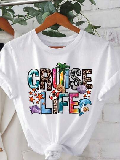 Women "Cruise Life" Summer Vibe Letter Print Short Sleeve Crew Neck T-Shirt