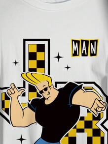 JOHNNY BRAVO X SHEIN 男士夏季卡通肖像印花T恤，撞色饰边，圆领短袖T恤 - 白色 - 查看 3