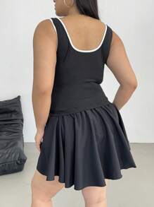 Flirla Plus Size Black And White Summer 2 Pieces Set,Cute Birthday Graduation Women Outfit,Bow Spliced Top And High Waisted Loose A-Line Skirt College Suit - Black - View 3