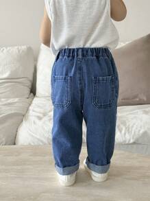 SHEIN Baby Boys'Casual Soft Cute Blue Denim Loose Wide Leg Ruffle Hem Tapered Jeans,For Baby Spring/Summer Indoor/Outdoor Wear Clothes And Daily Wear Outfits