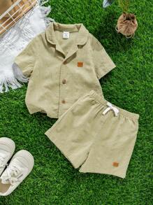 SHEIN 2 bucăți set de cămașă și pantaloni scurți cu talie elastică, cu guler, stil casual, drăguț și distractiv, potrivit pentru îmbrăcăminte de primăvară/vară, în interior și în aer liber - Verde - Vizualizare 6