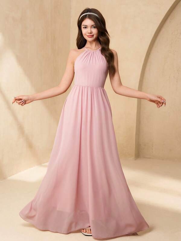SHEIN Teen Girls Elegant Chiffon Halter Swing Long Dress, Suitable For Wedding, Prom, Birthday Party, Performance