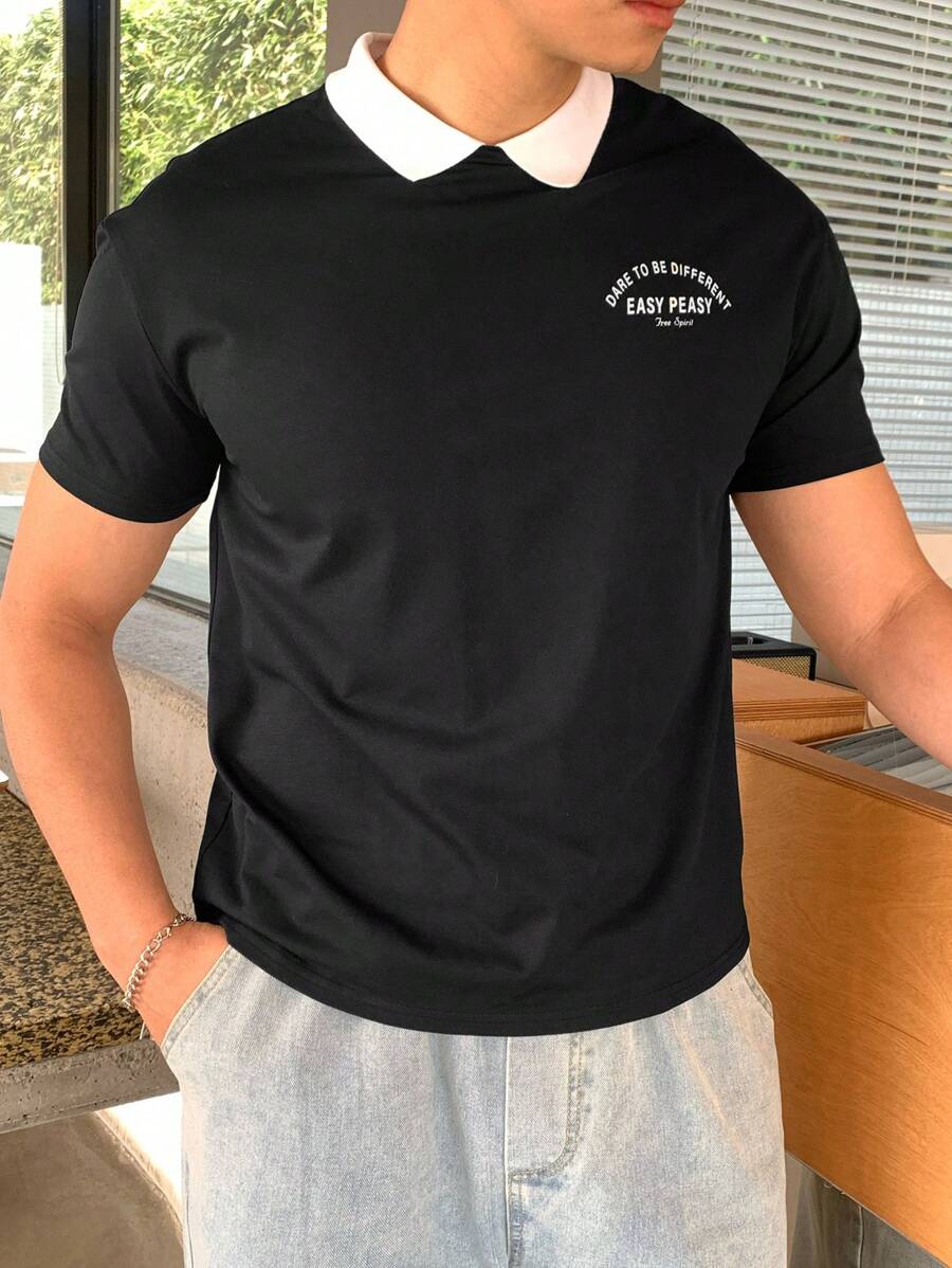 SHEIN Teen Boys' Polo Collar Black & White Splicing Tiny Graphic Casual T-Shirt, Comfortable, Fashionable, Versatile, Suitable For Daily Wear, School, Travel, Exercise, Vacation - Black and White - View 1