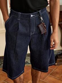 SWAVVY Men's Fashionable Casual Basic Relaxed Pleated Raw Hem Denim Shorts Jorts - Blue - View 5