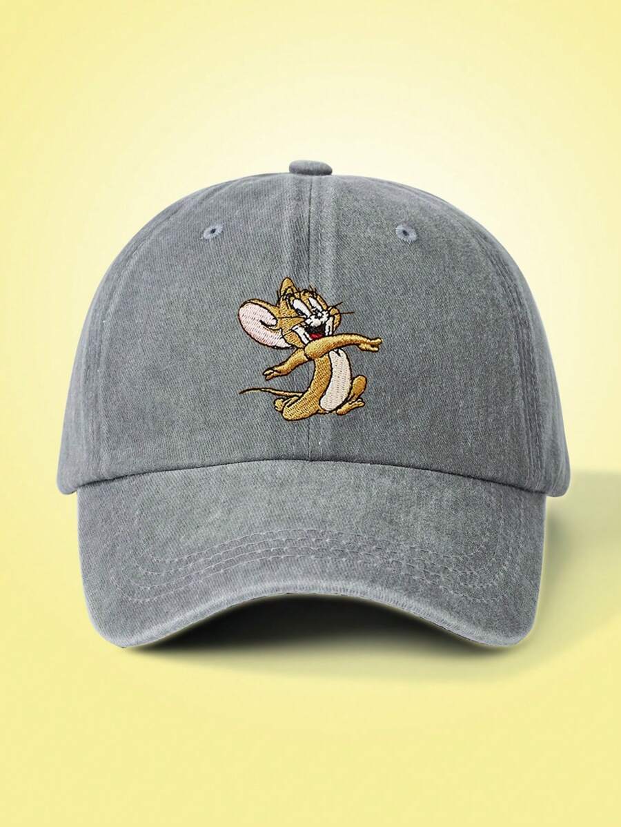 TOM & JERRY X SHEIN Gorra de béisbol lavada con bordado de ratón de moda informal - Gris - Ver 1