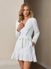 CLARA VERO Women Short Lace Embroidery Belted Dress - White - View 3