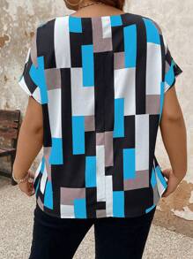 EMERY ROSE 大码女式几何印花缺口V领蝙蝠袖休闲衬衫 - 藍色 - 查看 2