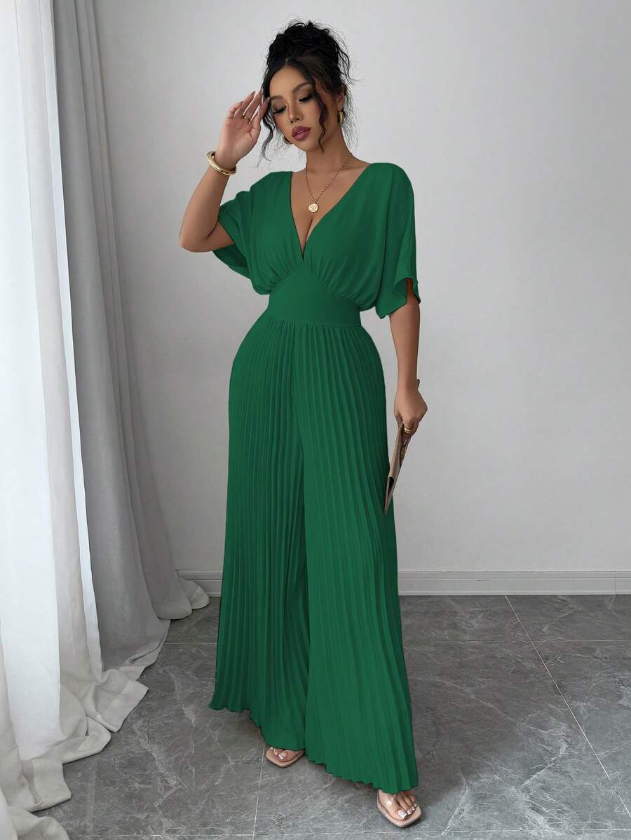 Elenzga Macacão Elegante Feminino de Cor Sólida com Decote em V Profundo, Manga Morcego e Plissado - Verde Escuro - Visão 1