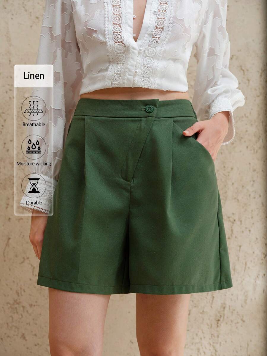 Uhlyne Women's Green Linen Asymmetrical Waist A-Line Loose Casual Shorts, Spring/Summer - Green - View 1