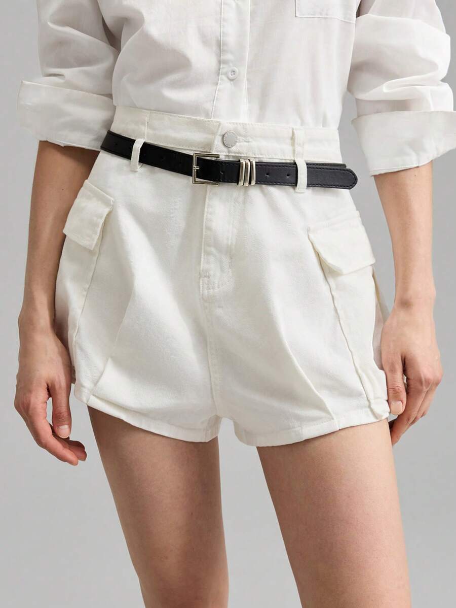 Ontre Women's White Denim Shorts Comes With A Belt Cargo Pocket Bubble Denim Shorts - White - View 1