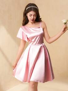 SHEIN Teens One Shoulder Ruffle Waist A-Line Dress, Wedding Party Formal Gown - Pink - View 4