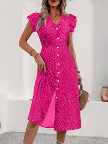 Breezaya Vestido corto de manga corta con cuello solapa y estampado de lunares, ideal para vacaciones