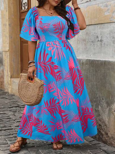 Breezaya Women's Square Collar Elegant Plus Size Printed Dress Maxi Women Outfit