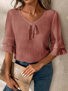 SHEIN LUNE Women's Linen V-Neck Casual Short Sleeve Ruffle Blouse - Mocha Brown - View 5