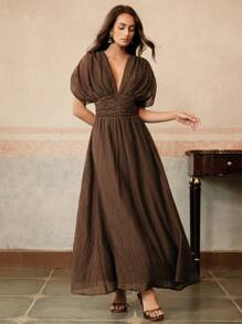 Anewsta Women's V-Neck Ruched Waist Dress With Tied Shoulder Sleeves, Beach Holiday Outfit Spring/Summer