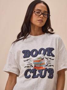 MUSERA Women T-Shirts Graphic Oversized Casual Vacation Elegant Book Shop The Book Club Slogan Tee Holiday Oversized T-Shirt Airport Graphic Tees Fall Back To School Autumn Winter Christmas,Elegant