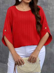 SHEIN LUNE Camicia a maniche lunghe tinta unita di taglia comoda, alla moda per l'estate - Rosso - Visualizzare 4